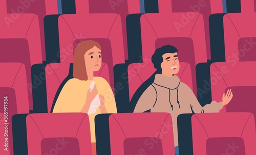 Young spectator couple watch drama, comedy film at the cinema. Man and woman sit together at movie theatre, cry and laugh. Romantic date scene. People portrait in flat vector cartoon illustration