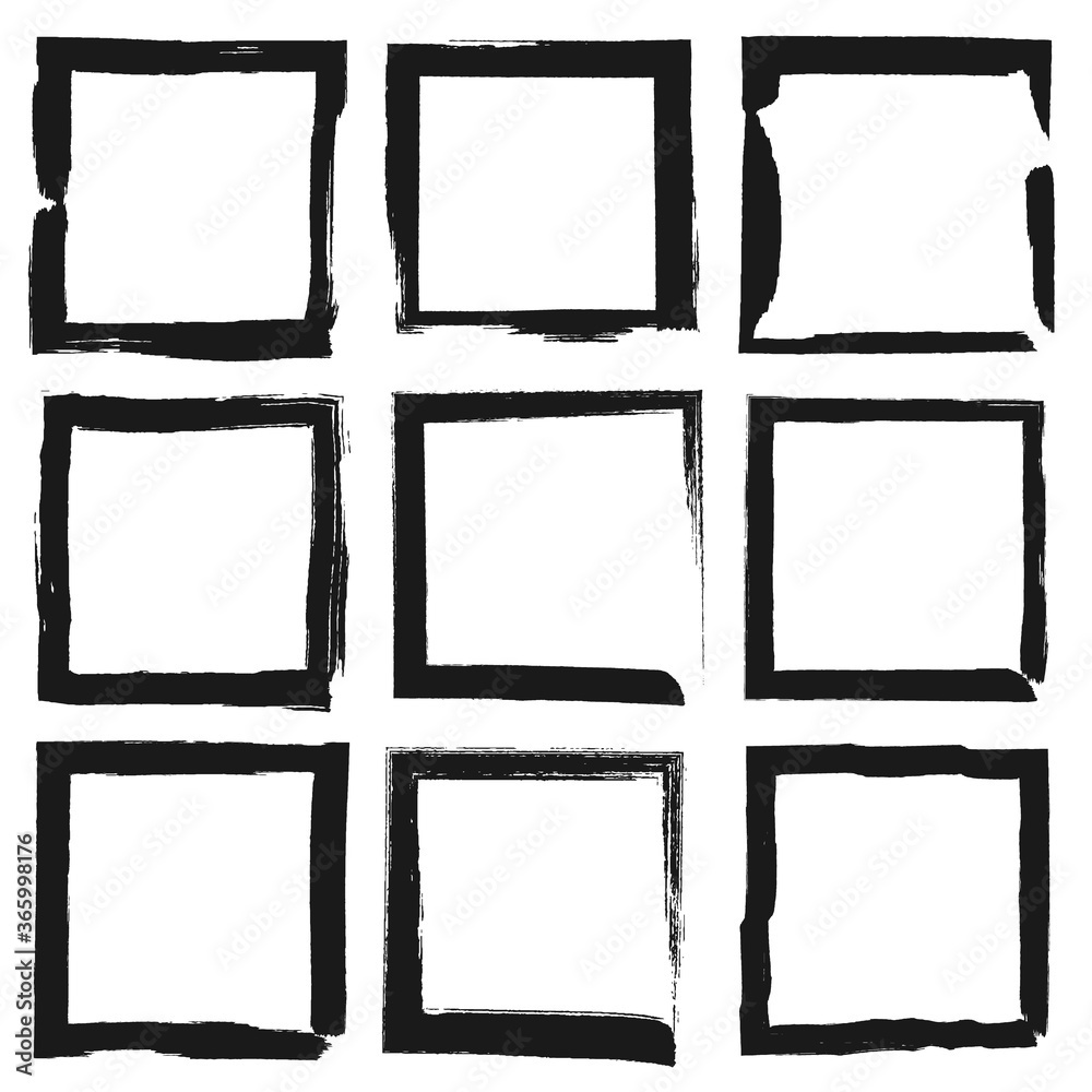 Set of vector square grunge black stickers isolated on white background. A group of labels with uneven rough edges drawn with an ink brush. Vector design elements, 9 square frames Set of vector square grunge black stickers isolated on white background. A group of labels with uneven rough edges drawn with an ink brush. Vector design elements, 9 square frames