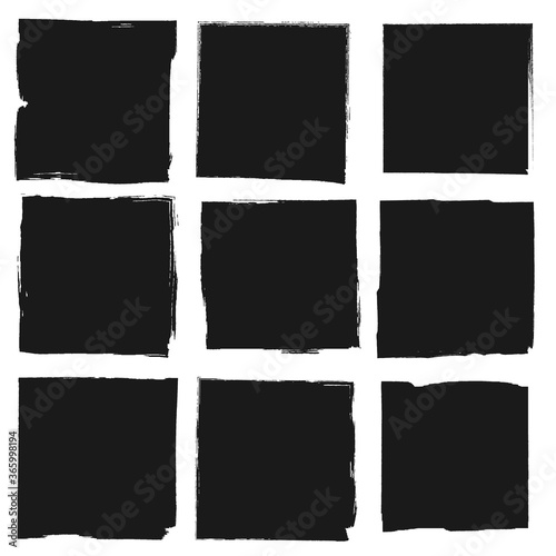 Set of vector square grunge black stickers isolated on white background. A group of labels with uneven rough edges drawn with an ink brush. Vector design elements, 9 square frames
