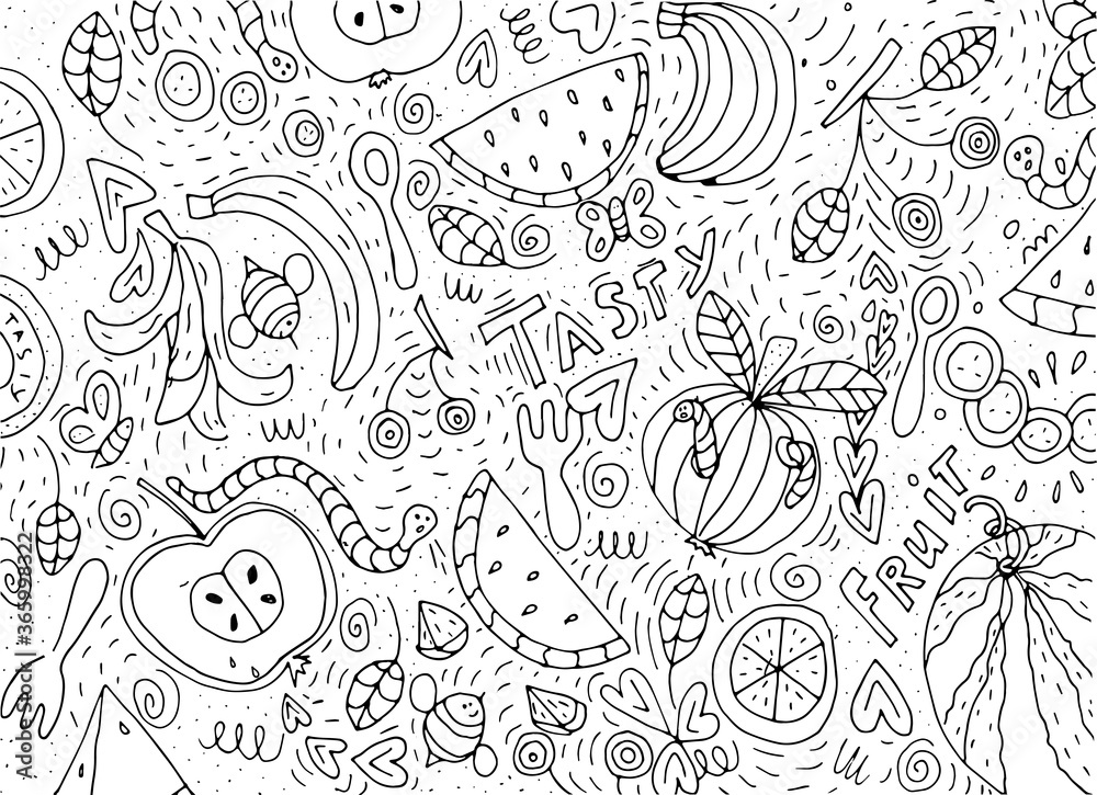 Fruit coloring page, hand drawn in doodle style - watermelon, banana, apple, lemon, cherry, caterpillar. Isolated on white background. Stock vector illustration.