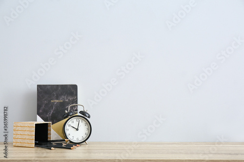 Desk alarm clock, notebook,...