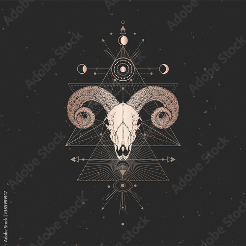 Vector illustration with hand drawn Ram skull and Sacred geometric symbol on black vintage background. Abstract mystic sign. Gold linear shape.