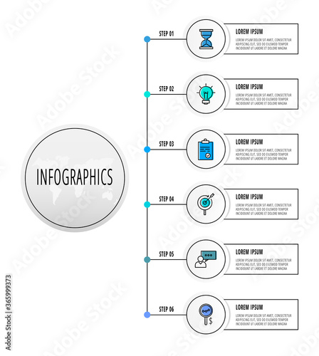 Infographics circles with 6 steps, icons. Flat line vector template. Can be used for six diagrams, business, web, flowchart, info graph, timeline, content, levels, chart. Data visualization.