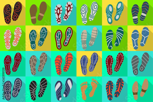 Print of shoe vector flat set icon.Vector illustration print of sole shoe on white background . Isolated set icon footprint foot.