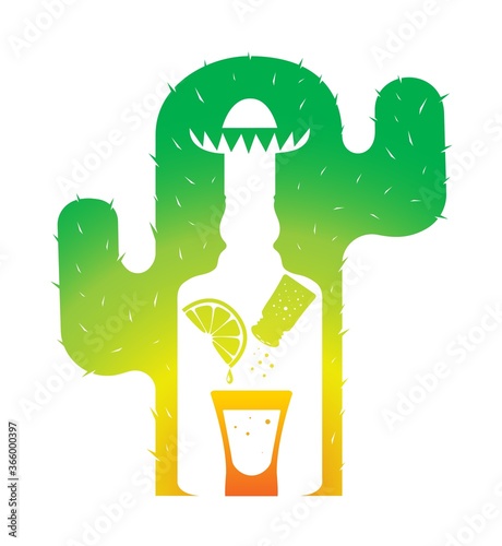 A bottle of tequila, a shot glass, salt, lemon, lime. The logo image is alcohol. Spanish folk vodka. Isolated vector illustration on white background. Colorful clipart. 