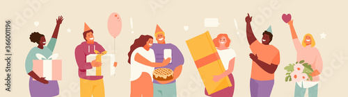 Group of People friends and colleagues celebrating a birthday. Vector characters