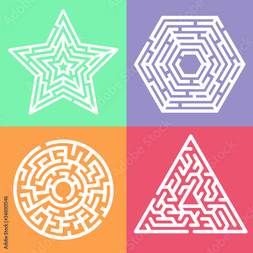 Set of square maze labyrinth game for kids. Labyrinth logic conundrum in the shape of a hexagon, star, circle and triangle. One right way to go. Vector flat illustration on a colorful background