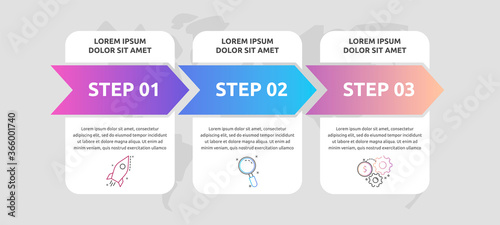 Vector infographics arrows with 3 successive steps, labels. Three colorful rectangular elements. Can be used for diagram, web, banner, workflow layout, presentations, flowchart