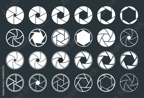 Camera with aperture, lens. Icons of shutter. Focus, diaphragm for photo, video equipment. Logo for snap of photography. Studio optics for film, photoshoot. Graphic symbol on black background. Vector