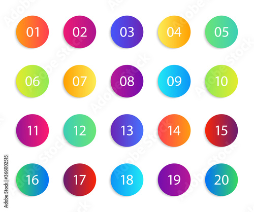 Number with circle. Gradient round icons. Set of infographic points, bullets. List from 1 to 20 for circular button. Design bubbles for interface. Modern neon symbol. Multicolor steps for web. Vector