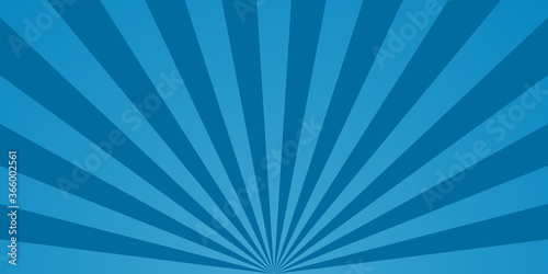 Comic starburst. Blue background with sunburst. Retro radial rays with bright effects for book. Blue pop abstract texture with sunbeam. Burst of lightning in the sky. Graphic lines from 70s. Vector