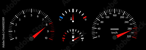 Car speedometer, dashboard, tachometer and temperature gauge. Vehicle with digital display. Scale of gage of fuel, speed, rpm. 3d panel with instrument. Velocity motorbike, car with odometer. Vector.