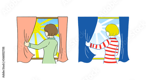 朝に窓を開ける女性