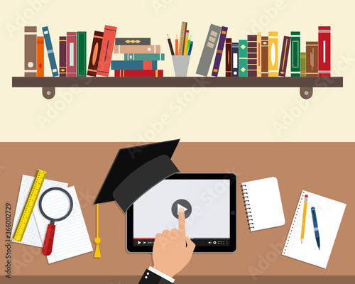 Online education concept. Study using a tablet and video. Learn in computer. Student training using technology. Online school, college, university at home. Class with book, player, paper. Vector