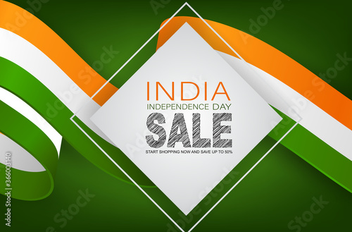 India Independence Day sale. Indian national August 15th holiday celebration banner with orange, white, and green flag ribbon. Vector illustration.