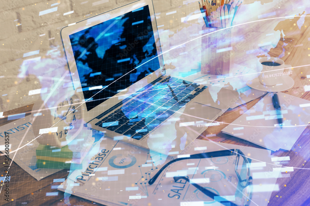 Multi exposure of desktop with computer on background and tech theme drawing. Concept of big data. Multi exposure of desktop with computer on background and tech theme drawing. Concept of big data.