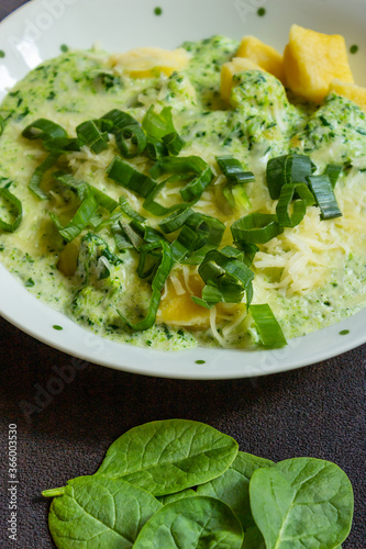 Spinach broccoli sauce with potato gnocchi vertical view
