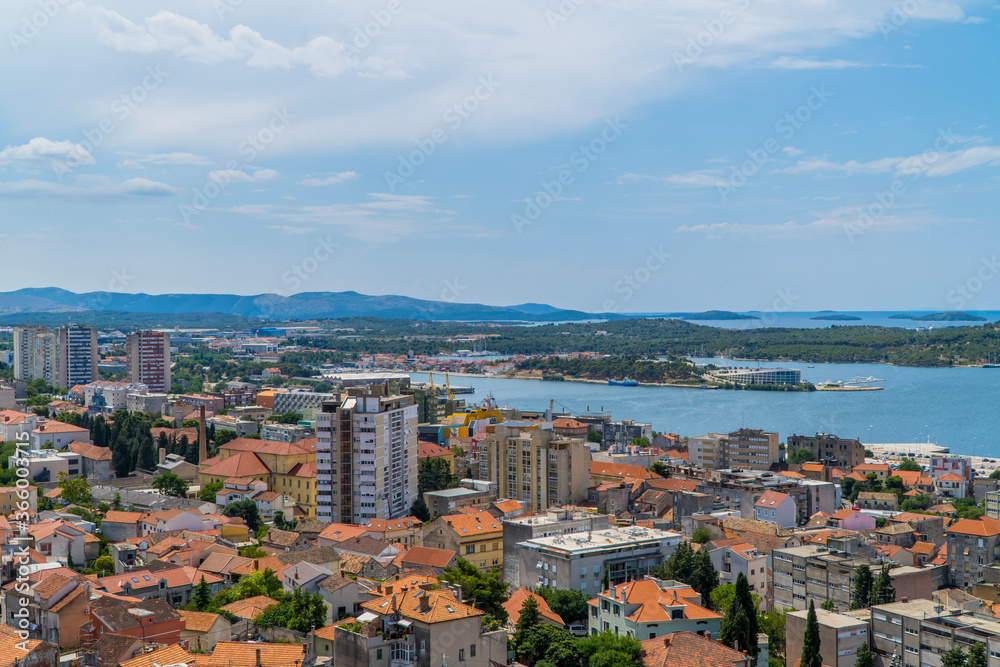 Panoramic view with residential socialist towers and medieval houses in Sibenik, Dalmatia, Croatia seen from Barone Fortress