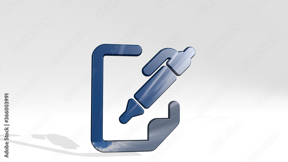 pen write paper made by 3D illustration of a shiny metallic sculpture casting shadow on light background. business and concept pen write paper made by 3D illustration of a shiny metallic sculpture casting shadow on light background. business and concept