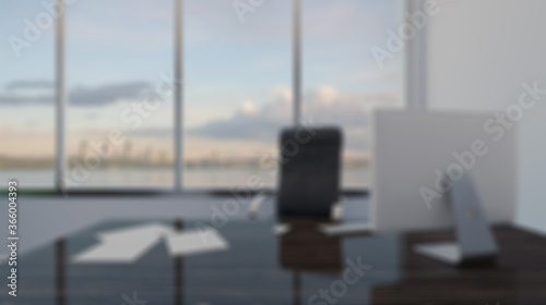Unfocused, Blur phototography. Large doctor’s office in a business center with a large window. Lawyer consulting.. 3D rendering