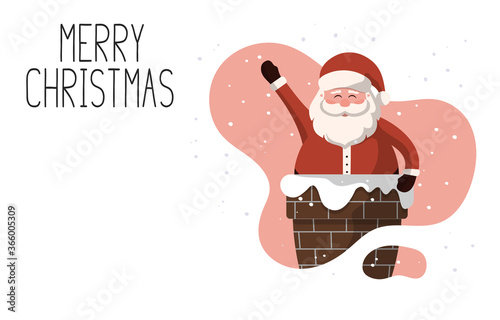Christmas card template with santa claus in the chimney and calligraphy lettering. Vector isolated xmas leaflet. Holiday banner for noel invitations.
