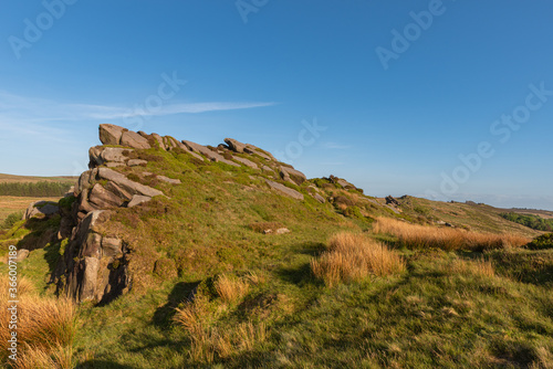 Panoramic view of Gib Torr, The Roaches at sunset in the Peak District National Park.