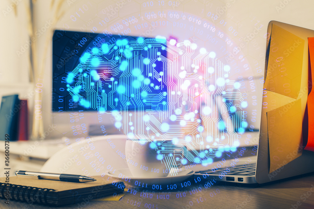 Double exposure of work space with computer and human brain drawing hologram. Brainstorm concept. Double exposure of work space with computer and human brain drawing hologram. Brainstorm concept.