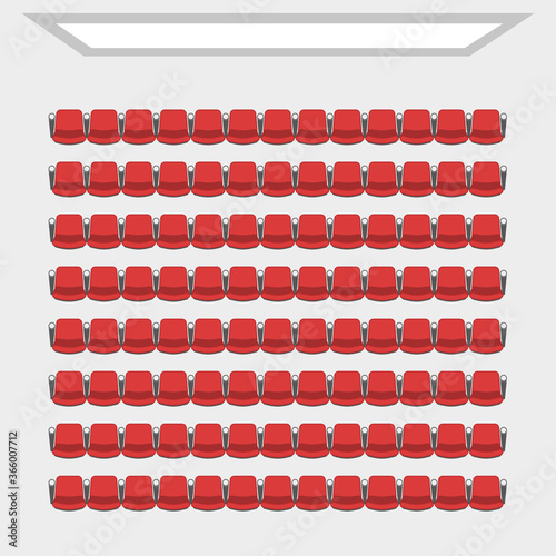 Cinema theater hall. (top view) Cinema auditorium with screen and seats. (View from above)