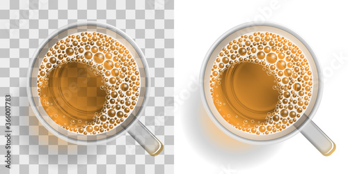 Beer with foam in a mug on a transparent background. Top view. Drink with foam in a mug on a transparent background. View from above.