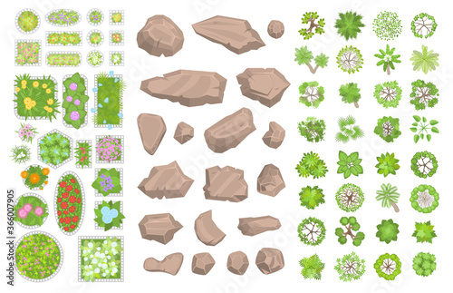 Set of park elements. (Top view) Collection for landscape design, plan, maps. (View from above) Stones, plants, bushes, trees, flower beds. 