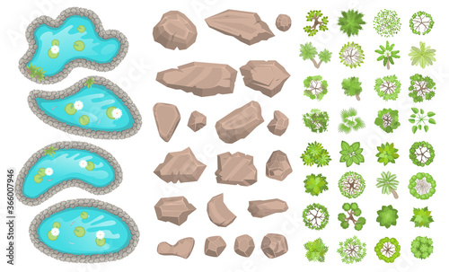 Set of park elements. (Top view) Collection for landscape design, plan, maps. (View from above) Stones, ponds, plants, bushes, trees. 