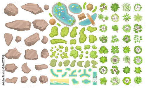 Set of park elements. (Top view) Collection for landscape design, plan, maps. (View from above) Stones, ponds, plants, bushes, trees. 