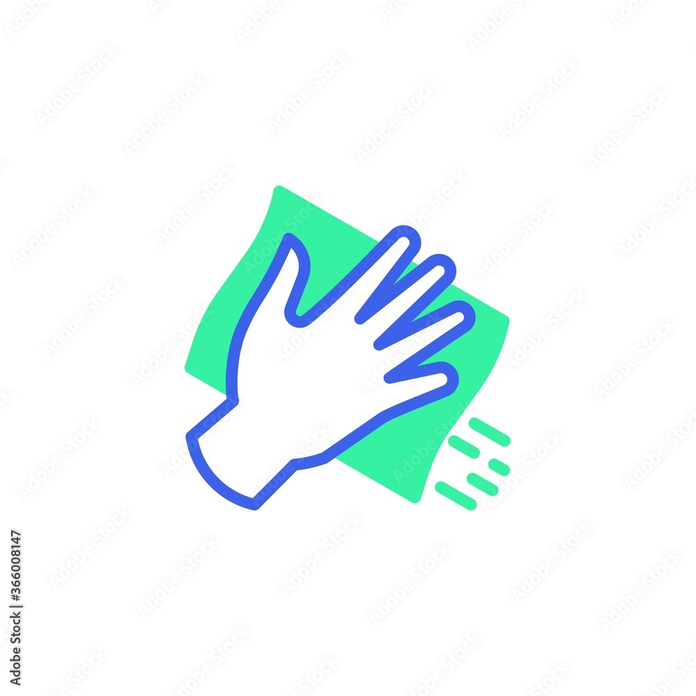 Surface wiping, disinfection icon vector, filled flat sign, hand with cleaning napkin bicolor pictogram, green and blue colors. Symbol, logo illustration