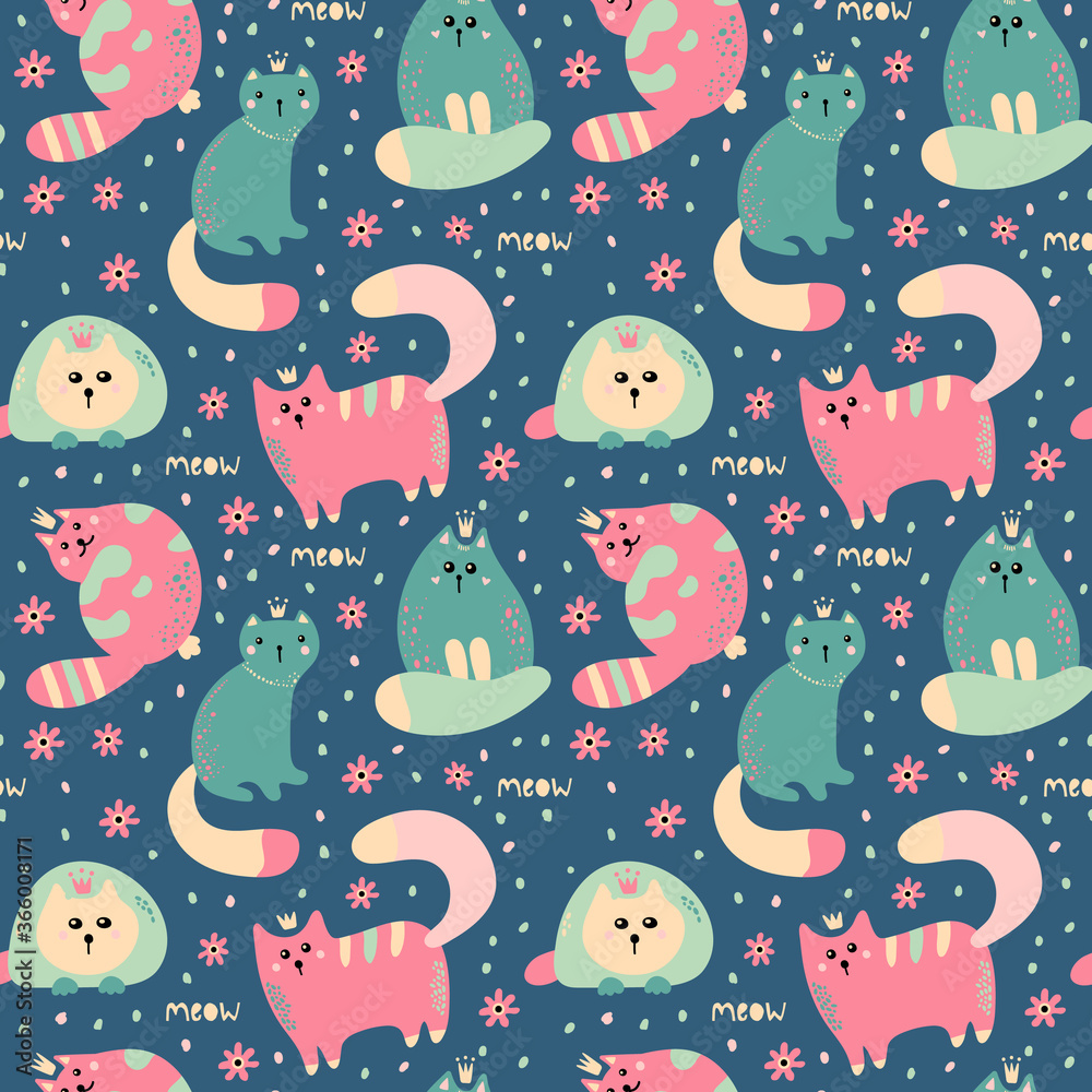 Seamless childish pattern with cute cats . Seamless childish pattern with cute cats .