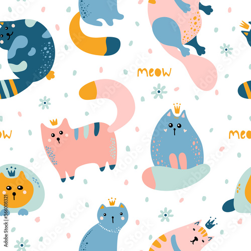 Photography Seamless pattern with cute Scandinavian style cats