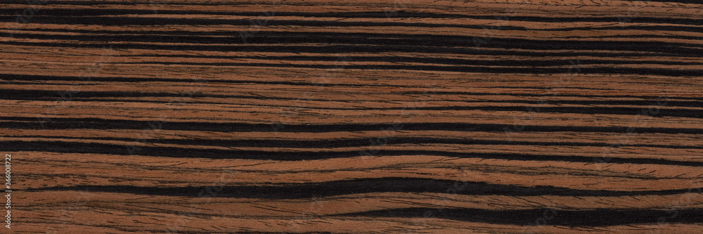 Stylish ebony veneer background in unique colors in brown tone. Natural wood texture, pattern of a long veneer sheet.