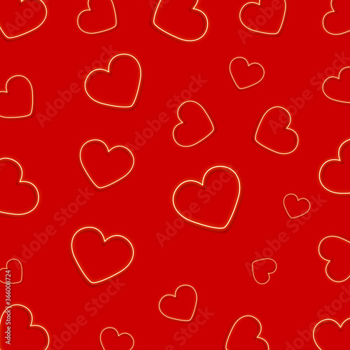 Abstract red background with neon hearts. Vector illustration. 
