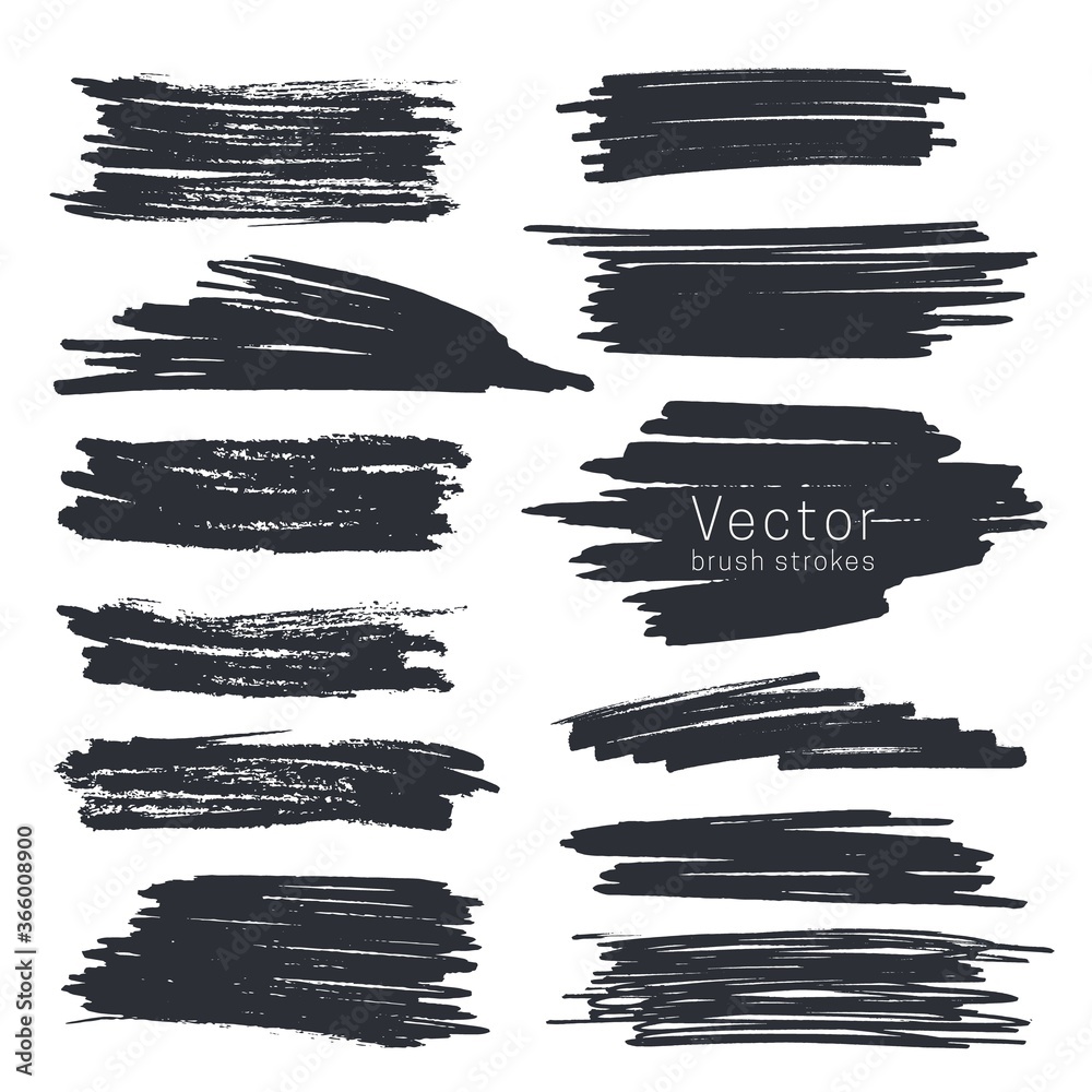 Set of black ink brush strokes isolated on white background