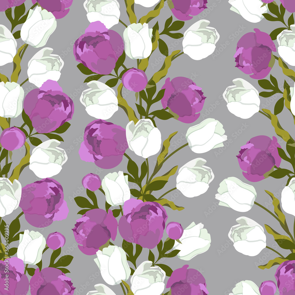 Peonies and tulips. Seamless vector illustration on a gray background.