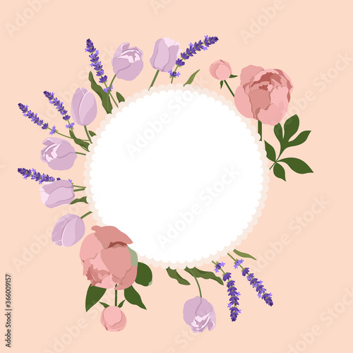 Vector illustration with delicate peonies  tulips  lavender and frame with place for your text.