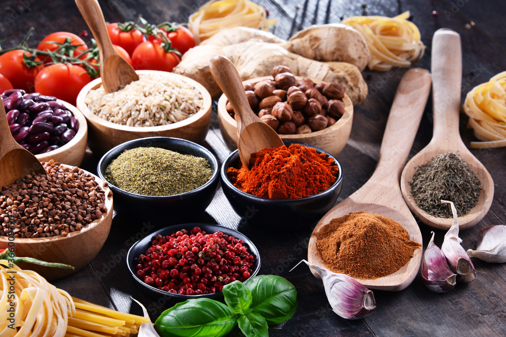 Composition with assorted organic food products on the table