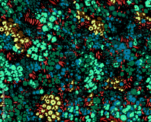 Fototapeta Naklejka Na Ścianę i Meble -  Flower design for fashion: exotic leaves and flowers in neon light. Seamless pattern
