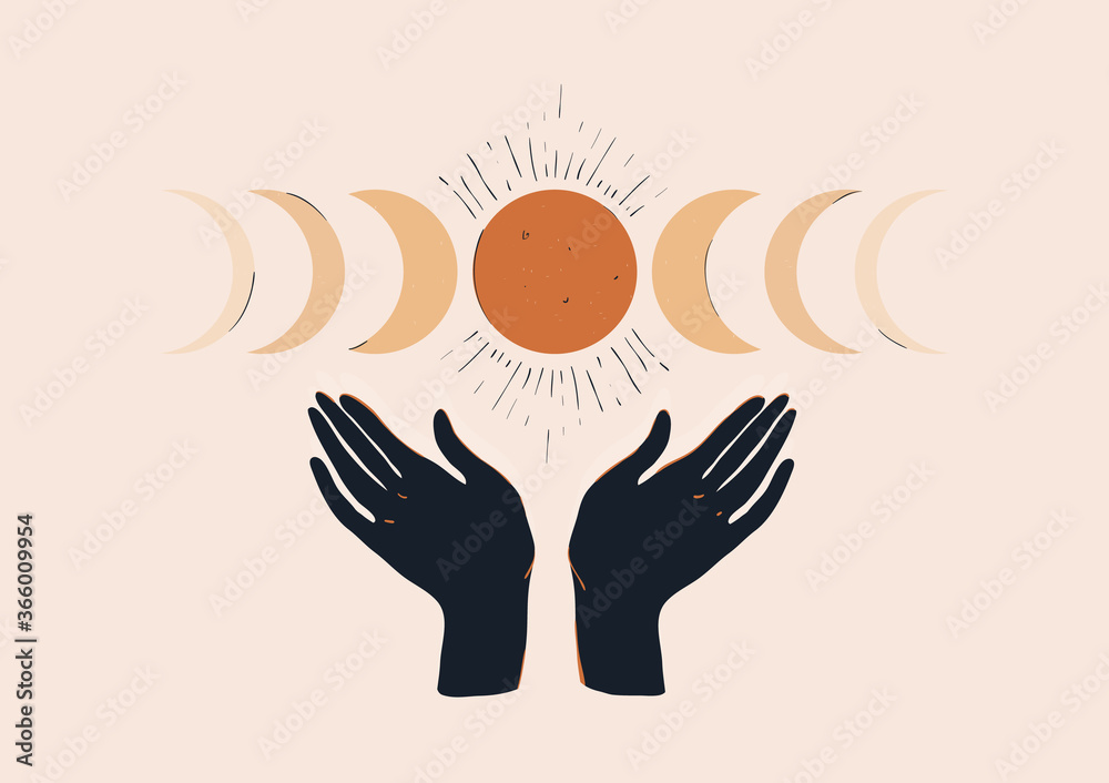 Bohemian aesthetic illustration with hands and moon phases. Minimalist print. Natural pastel colors. 