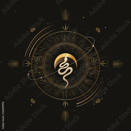 Modern mystical astrology aesthetic illustration. Beautiful bohemian print with moon phases and snake.