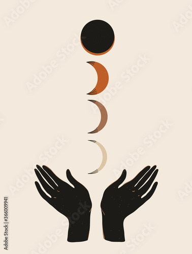 Bohemian aesthetic illustration with hands and moon phases. Minimalist print. Natural pastel colors. 