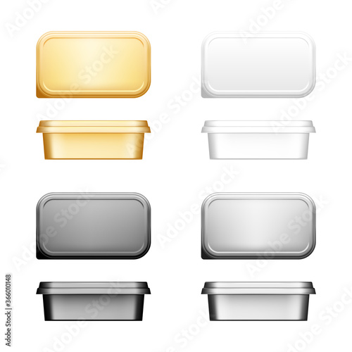 Cheese, butter or margarine container with lid mockup - front, top view. Blank white, silver, gold, black plastic food package: cream, yogurt, spread. Product template. Isolated 3d vector illustration