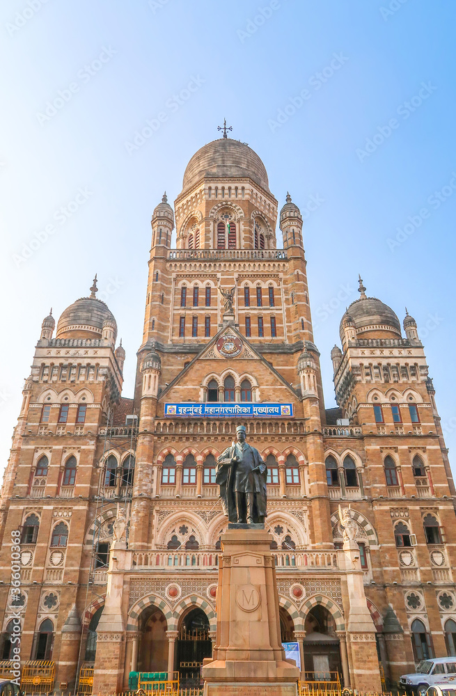 MUMBAI, INDIA - February 29 2020: Brihanmumbai Municipal Corporation (BMC) building opposite the Chhatrapati Shivaji Terminus Mumbai - Maharashtra, India
