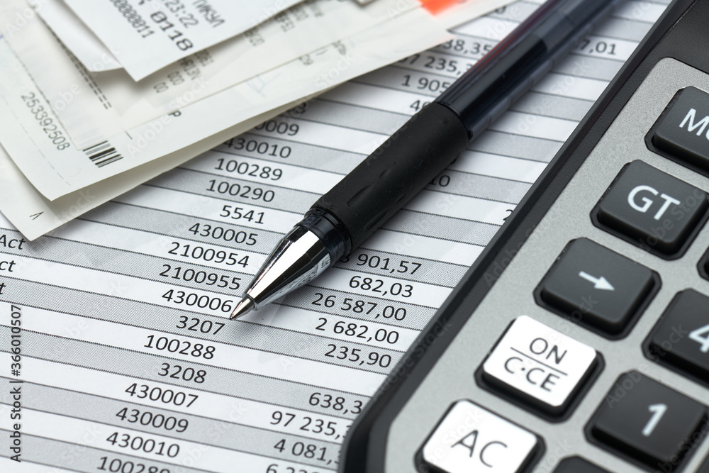 cash registers purchase receipt, calculator and financial reports, analysis and accounting, various office items for bookkeeping cash registers purchase receipt, calculator and financial reports, analysis and accounting, various office items for bookkeeping