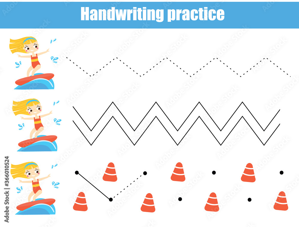 Girl on surf board. Handwriting practice sheet. Educational children game. Tracing lines for kids and toddlers