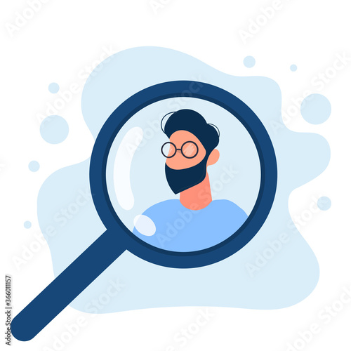 A man under a magnifying glass. People search concept, open vacancies and HR. Vector.